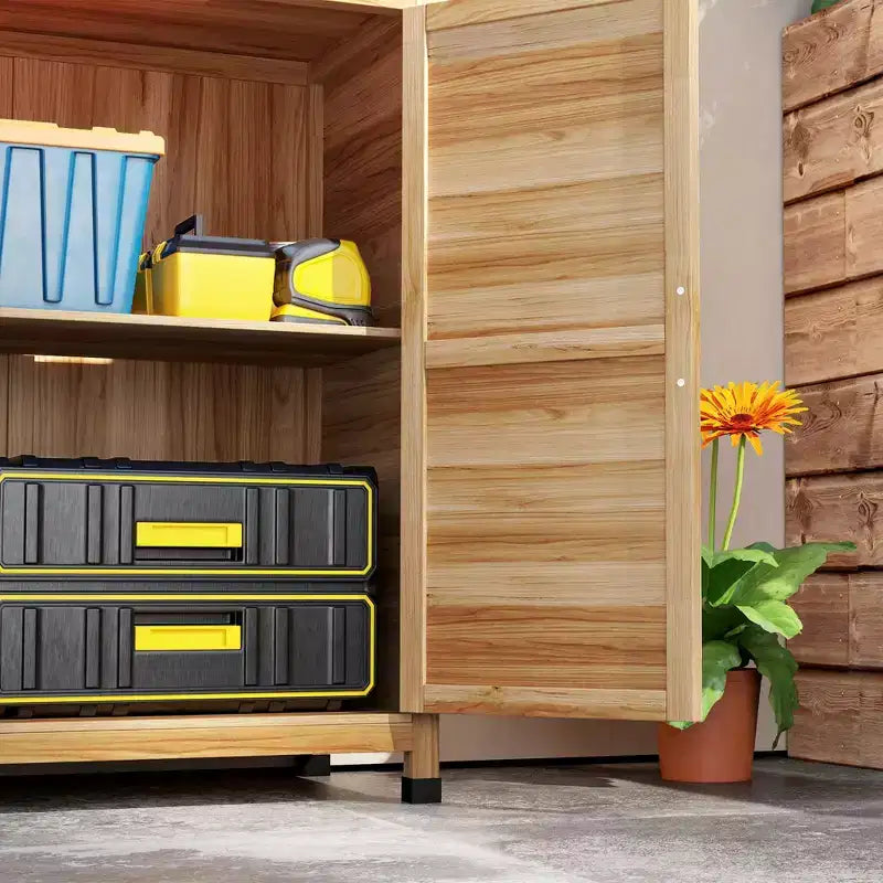 Outsunny Mobiletto Contenitore in Legno, Stazione di Preparazione Esterna con Piano in Metallo e Ripiano, Mobile Contenitore da Patio con Doppie Ante