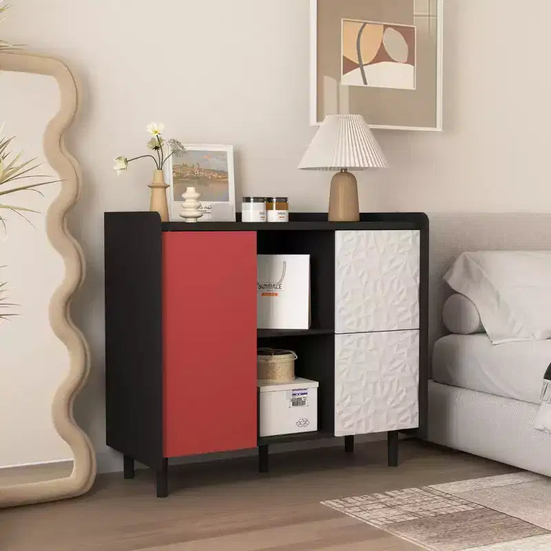 Credenza Nera con Ante Rosse - 2 Cassetti, 2 Vani Aperti, Mobile Contenitore Moderno