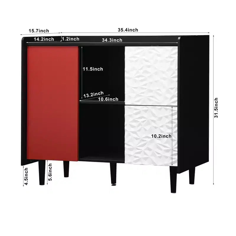 Credenza Nera con Ante Rosse - 2 Cassetti, 2 Vani Aperti, Mobile Contenitore Moderno