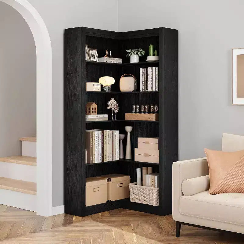 Libreria angolare da 71,8'', libreria in legno a 5 ripiani stile rustico con kit antiribaltamento, organizer per riporre oggetti