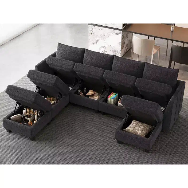 Divano componibile modulare Belffin, grande divano a U in ciniglia con contenitore, chaise longue a 7 posti per soggiorno