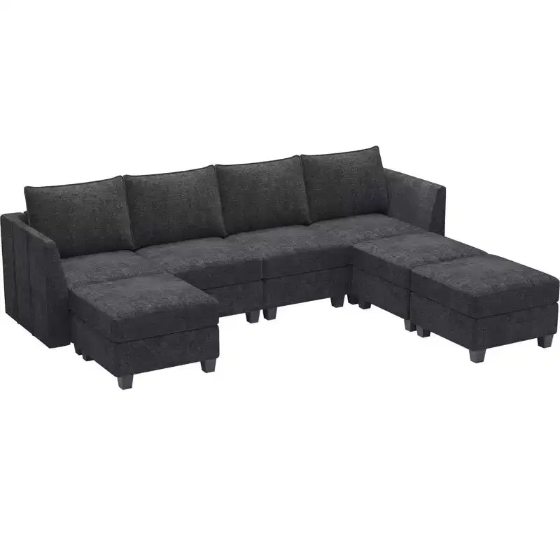 Divano componibile modulare Belffin, grande divano a U in ciniglia con contenitore, chaise longue a 7 posti per soggiorno