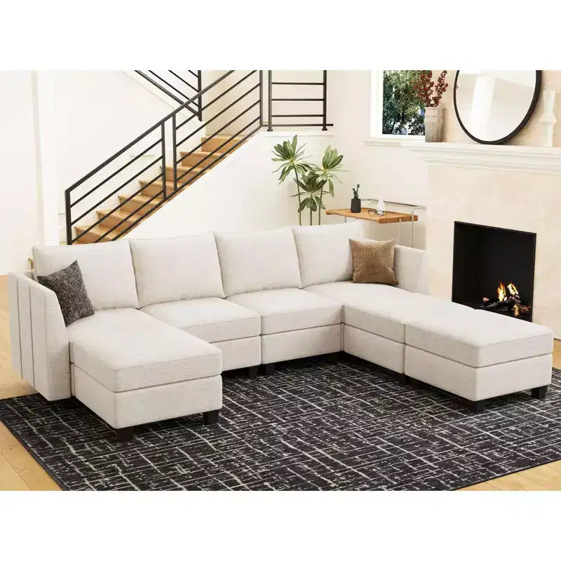 Divano componibile modulare Belffin, grande divano a U in ciniglia con contenitore, chaise longue a 7 posti per soggiorno