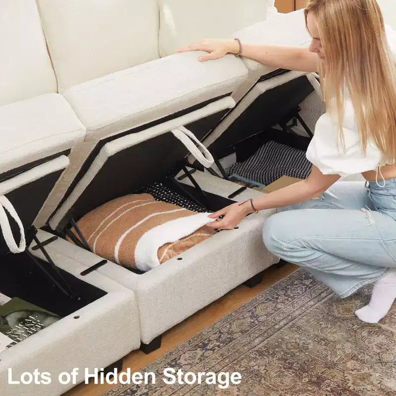 Divano componibile modulare Belffin, grande divano a U in ciniglia con contenitore, chaise longue a 7 posti per soggiorno