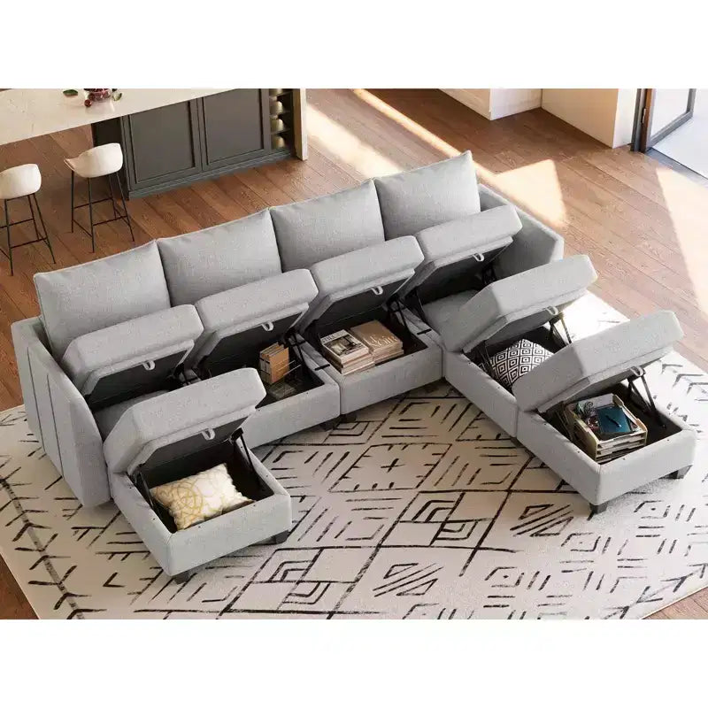 Divano componibile modulare Belffin, grande divano a U in ciniglia con contenitore, chaise longue a 7 posti per soggiorno