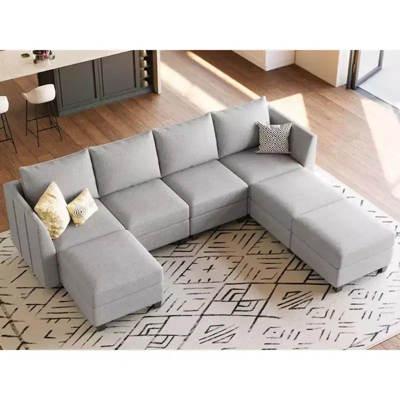 Divano componibile modulare Belffin, grande divano a U in ciniglia con contenitore, chaise longue a 7 posti per soggiorno