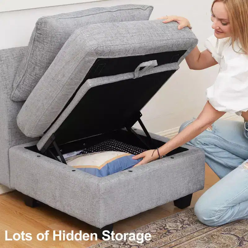 Divano componibile modulare Belffin, grande divano a U in ciniglia con contenitore, chaise longue a 7 posti per soggiorno
