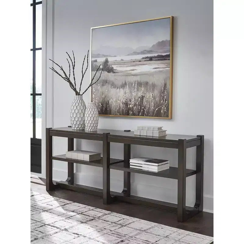 Signature Design by Ashley Breckington Tavolo consolle - Tavolino da divano moderno con ripiani regolabili, Marrone scuro