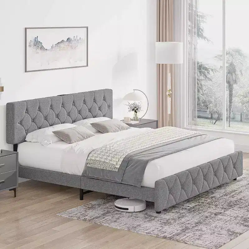 Struttura letto matrimoniale, piattaforma imbottita con testiera regolabile, rivestimento in tessuto di lino, porte USB, nessuna necessità di rete a molle, facile montaggio, grigio chiaro