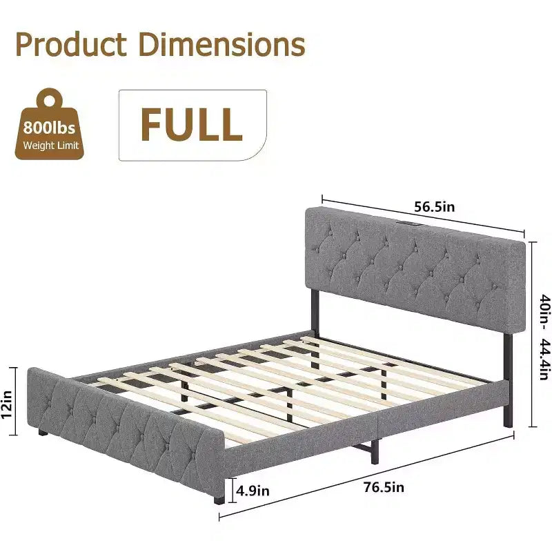 Struttura letto matrimoniale, piattaforma imbottita con testiera regolabile, rivestimento in tessuto di lino, porte USB, nessuna necessità di rete a molle, facile montaggio, grigio chiaro
