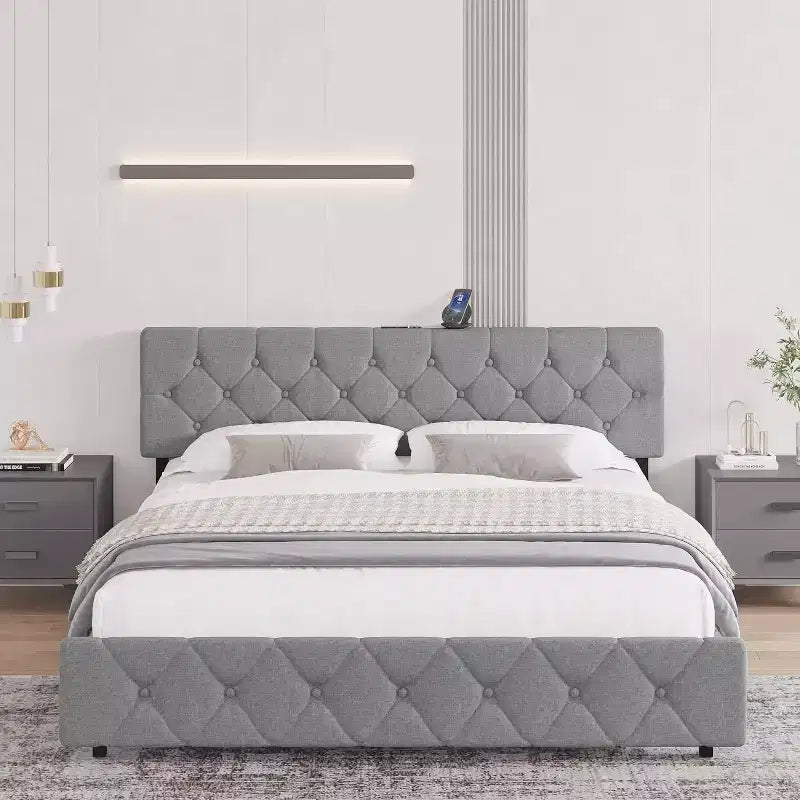 Struttura letto matrimoniale, piattaforma imbottita con testiera regolabile, rivestimento in tessuto di lino, porte USB, nessuna necessità di rete a molle, facile montaggio, grigio chiaro