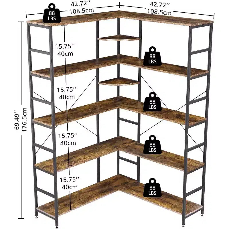 Libreria ad Angolo a 5 Ripiani, Libreria Industriale a L in Legno, Scaffale Grande con Cornice in Metallo, per Casa, Ufficio, Soggiorno, Cucina