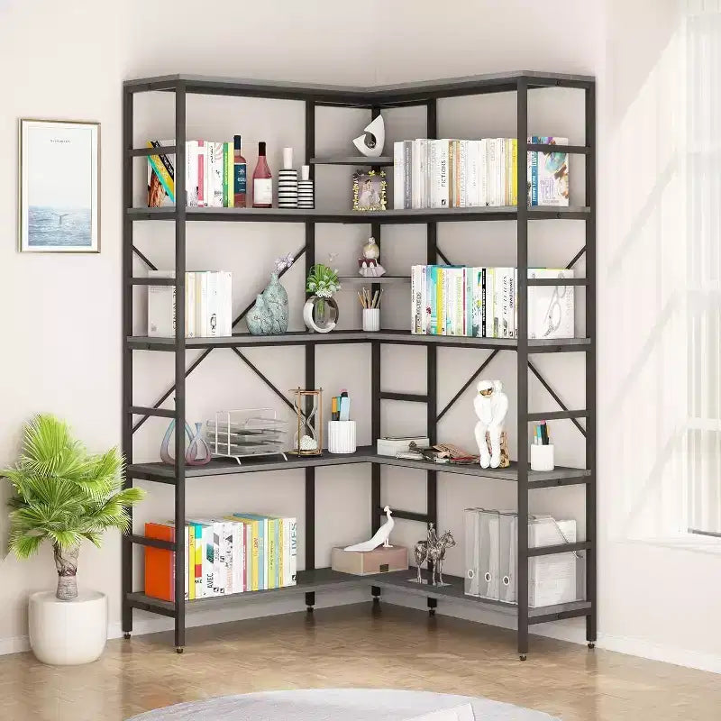 Libreria ad Angolo a 5 Ripiani, Libreria Industriale a L in Legno, Scaffale Grande con Cornice in Metallo, per Casa, Ufficio, Soggiorno, Cucina