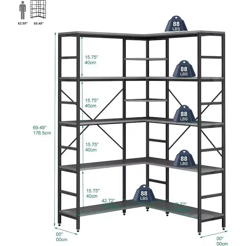 Libreria ad Angolo a 5 Ripiani, Libreria Industriale a L in Legno, Scaffale Grande con Cornice in Metallo, per Casa, Ufficio, Soggiorno, Cucina