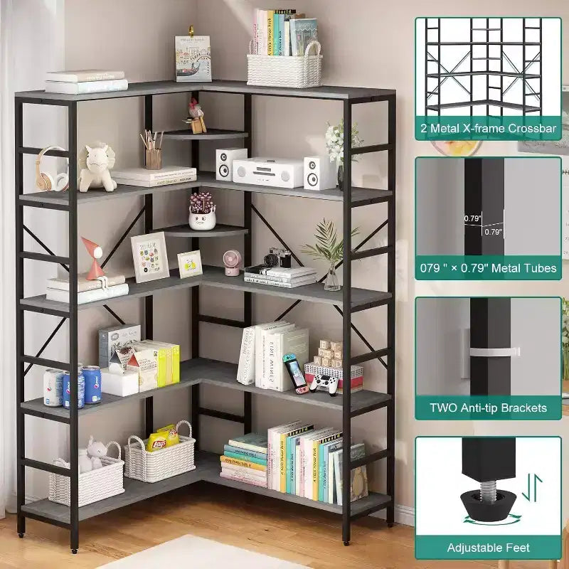 Libreria ad Angolo a 5 Ripiani, Libreria Industriale a L in Legno, Scaffale Grande con Cornice in Metallo, per Casa, Ufficio, Soggiorno, Cucina