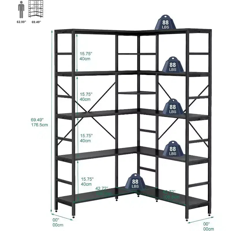 Libreria ad Angolo a 5 Ripiani, Libreria Industriale a L in Legno, Scaffale Grande con Cornice in Metallo, per Casa, Ufficio, Soggiorno, Cucina