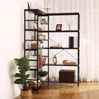 Libreria ad Angolo a 5 Ripiani, Libreria Industriale a L in Legno, Scaffale Grande con Cornice in Metallo, per Casa, Ufficio, Soggiorno, Cucina
