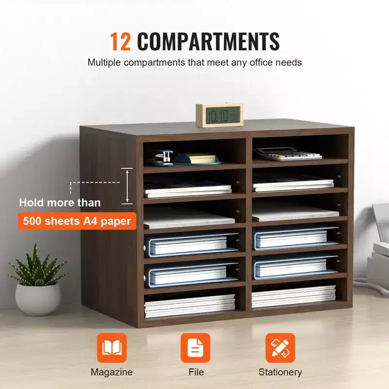VEVOR Organizzatori per Documenti, 12 Scomparti per Ufficio con Ripiani Regolabili, Classificatore in Legno 51,8x30,5x40,9 cm, Certificato EPA