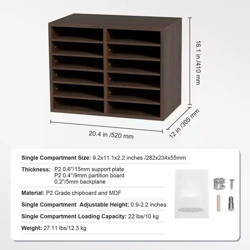 VEVOR Organizzatori per Documenti, 12 Scomparti per Ufficio con Ripiani Regolabili, Classificatore in Legno 51,8x30,5x40,9 cm, Certificato EPA