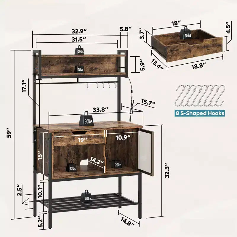 Besiter 60 Scaffale da Cucina per Panettieri con Luce LED, Supporto per Microonde a 6 Livelli con Cassetto Contenitore e 8 Ganci