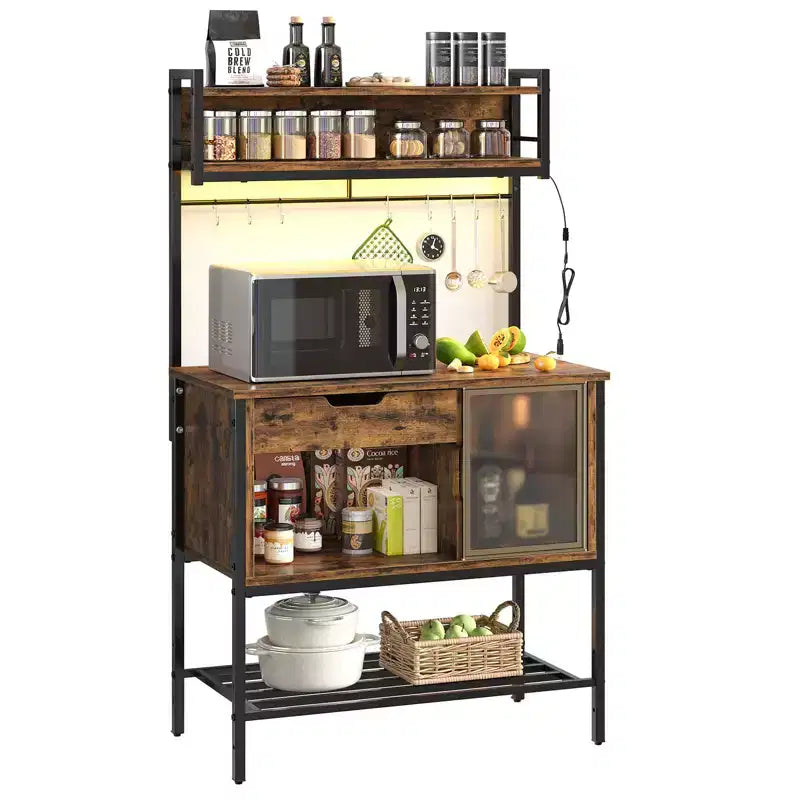 Besiter 60 Scaffale da Cucina per Panettieri con Luce LED, Supporto per Microonde a 6 Livelli con Cassetto Contenitore e 8 Ganci