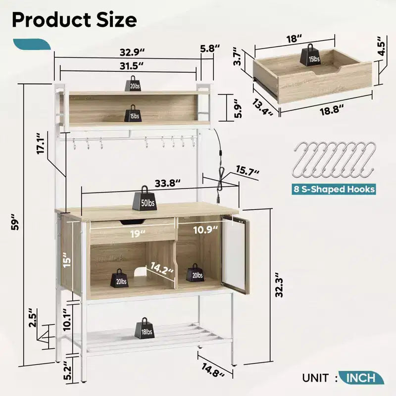 Besiter 60 Scaffale da Cucina per Panettieri con Luce LED, Supporto per Microonde a 6 Livelli con Cassetto Contenitore e 8 Ganci