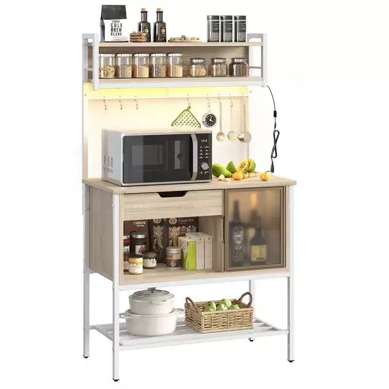 Besiter 60 Scaffale da Cucina per Panettieri con Luce LED, Supporto per Microonde a 6 Livelli con Cassetto Contenitore e 8 Ganci
