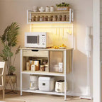 Besiter 60 Scaffale da Cucina per Panettieri con Luce LED, Supporto per Microonde a 6 Livelli con Cassetto Contenitore e 8 Ganci