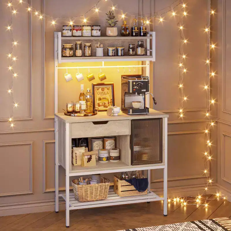 Besiter 60 Scaffale da Cucina per Panettieri con Luce LED, Supporto per Microonde a 6 Livelli con Cassetto Contenitore e 8 Ganci