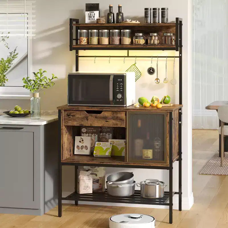 Besiter 60 Scaffale da Cucina per Panettieri con Luce LED, Supporto per Microonde a 6 Livelli con Cassetto Contenitore e 8 Ganci