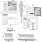 Okak Tavolo da Trucco con Cassetti e Luci, 37 Scrivania da Trucco con Sgabello Imbottito e Specchio a LED Scorrevoli Touch Extra-Large, Bianco