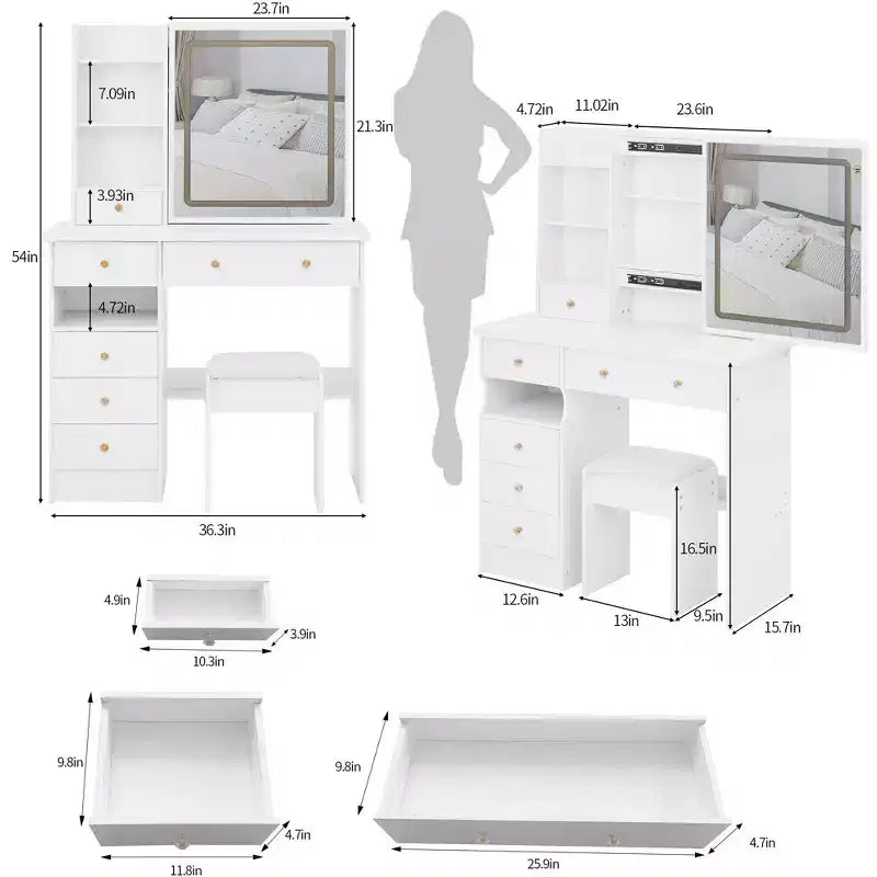 Okak Tavolo da Trucco con Cassetti e Luci, 37 Scrivania da Trucco con Sgabello Imbottito e Specchio a LED Scorrevoli Touch Extra-Large, Bianco
