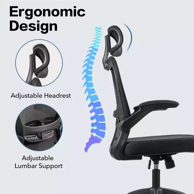 Sedia da ufficio ergonomica in rete con poggiatesta, supporto lombare e braccioli ribaltabili