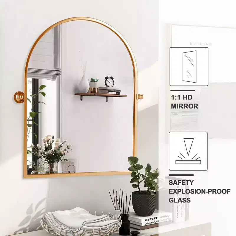 Specchio da bagno ad arco 31x24 con accessori, specchio da parete girevole in ferro, specchio da parete montato a parete per camera da letto, soggiorno, ingresso, oro