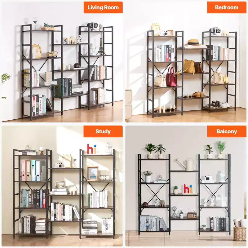 VEVOR Scaffale Triplo in Metallo, Libreria Industriale a 11 Ripiani, Ampia Libreria Rustica Vintage con Ripiani Aperti, Scaffalatura Espositiva Indipendente