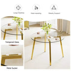 Tavolo circolare in vetro temperato trasparente in stile moderno minimalista, piano in vetro temperato, gambe in metallo dorato