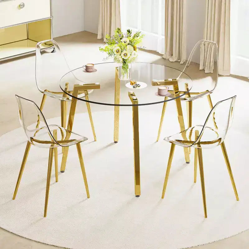 Tavolo circolare in vetro temperato trasparente in stile moderno minimalista, piano in vetro temperato, gambe in metallo dorato