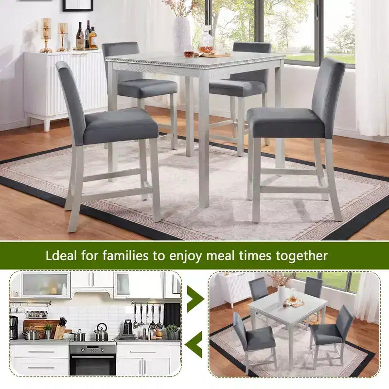 Set da tavolo a 5 pezzi ad altezza bancone con tavolo quadrato e 4 sedie imbottite, tavolo da pranzo ad altezza bancone con decorazione in cristallo e set di sedie