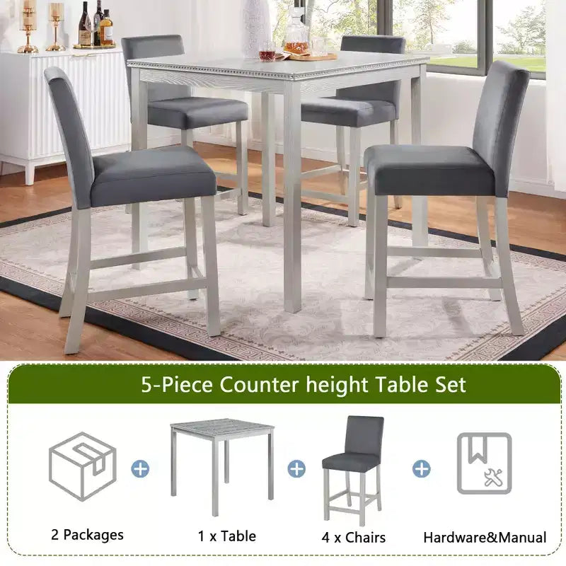 Set da tavolo a 5 pezzi ad altezza bancone con tavolo quadrato e 4 sedie imbottite, tavolo da pranzo ad altezza bancone con decorazione in cristallo e set di sedie