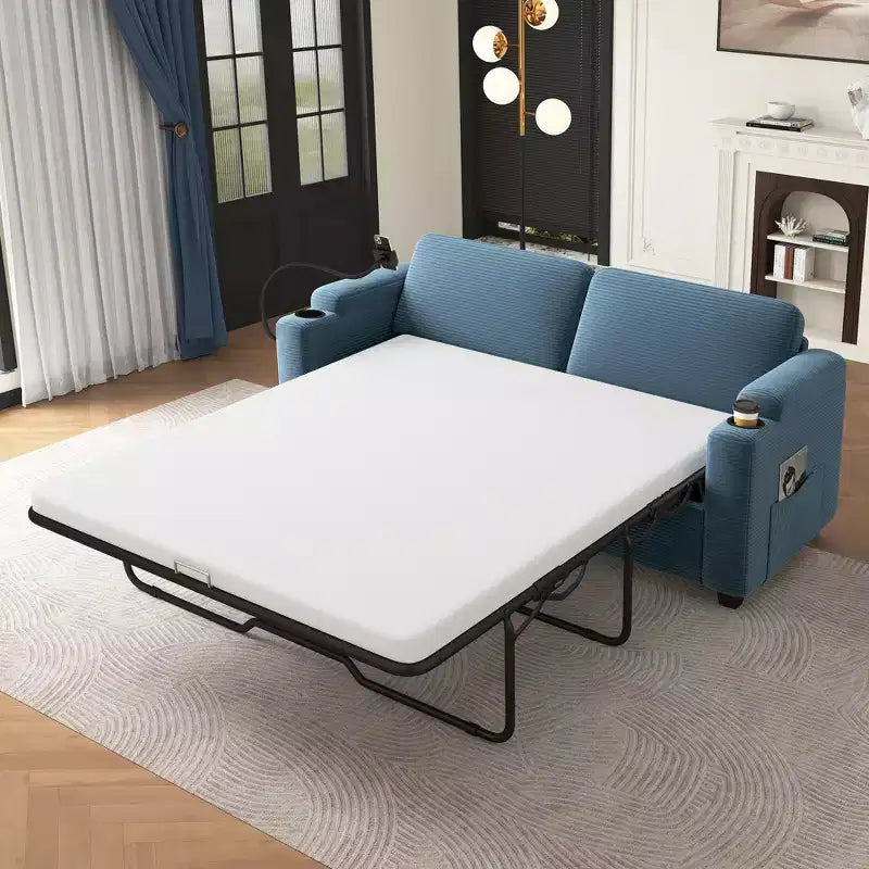 Divanetto trasformabile in velluto a coste Whisen 72.8 con materasso, porte USB e contenitore