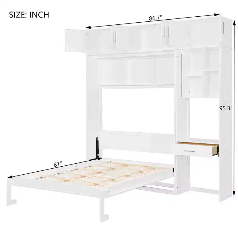 Letto a scomparsa matrimoniale Whisen con armadietto superiore, mensole, letto pieghevole salvaspazio con luce e USB