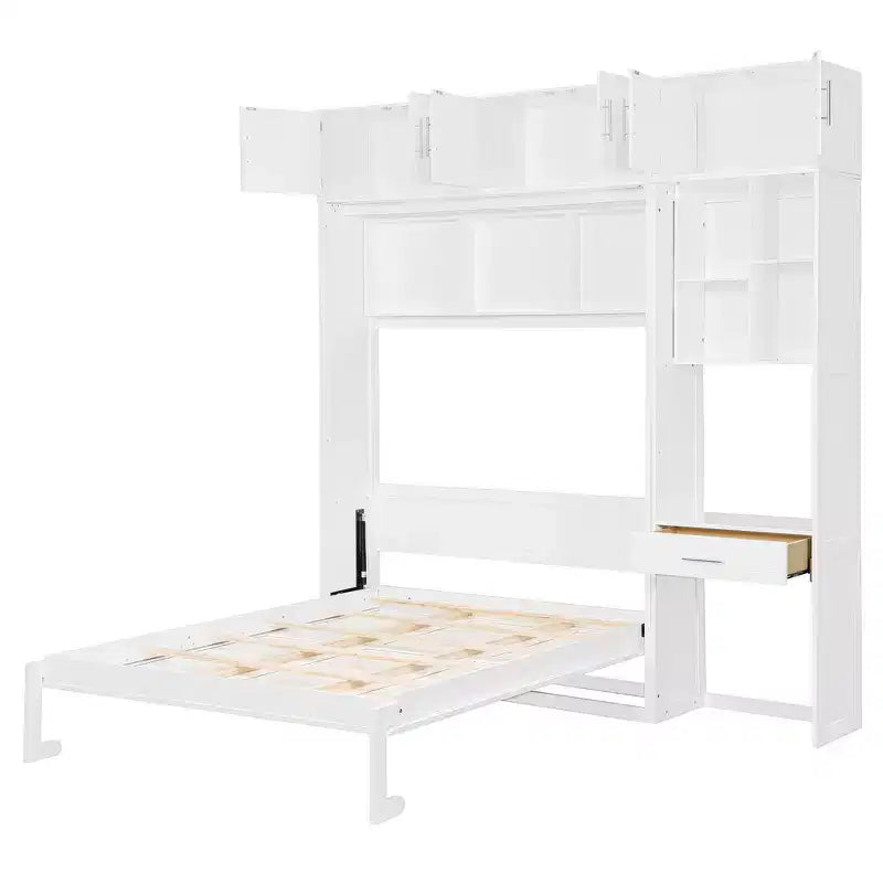 Letto a scomparsa matrimoniale Whisen con armadietto superiore, mensole, letto pieghevole salvaspazio con luce e USB