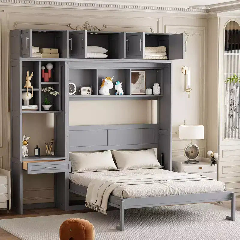 Letto a scomparsa matrimoniale Whisen con armadietto superiore, mensole, letto pieghevole salvaspazio con luce e USB