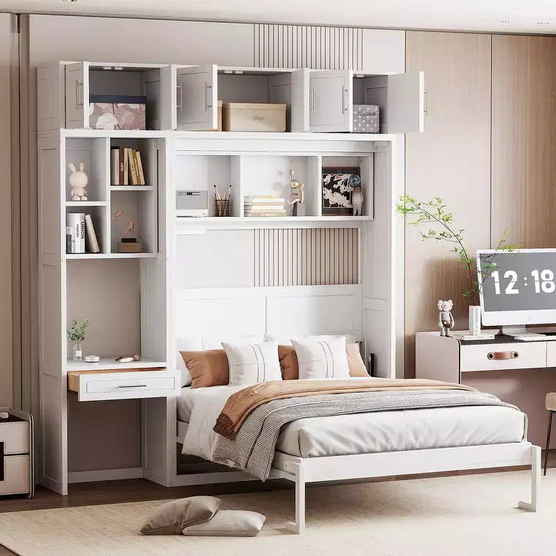 Whisen Twin Size Wall Murphy Bed with Top Cabinet, Shelves ,Space Saving Foldable Bed with Light & USB