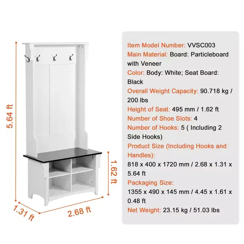 VEVOR Ingresso con appendiabiti e scarpiera, panca da 81 cm per mudroom con portaoggetti e seduta, ripiani regolabili e 5 ganci appendiabiti
