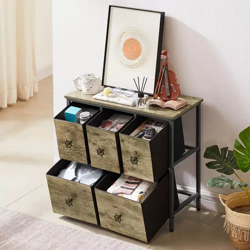 Cassettiera in legno VECELO a 5 cassetti, comodino/tavolino per soggiorno o camera da letto, maniglia a strappo, grigio