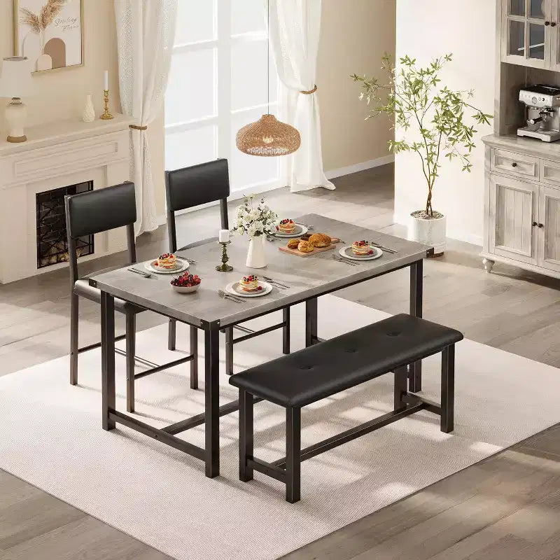 Set da pranzo in legno per 4 persone con panca e 2 sedie imbottite, ideale per piccoli spazi, appartamenti e case, facile da montare