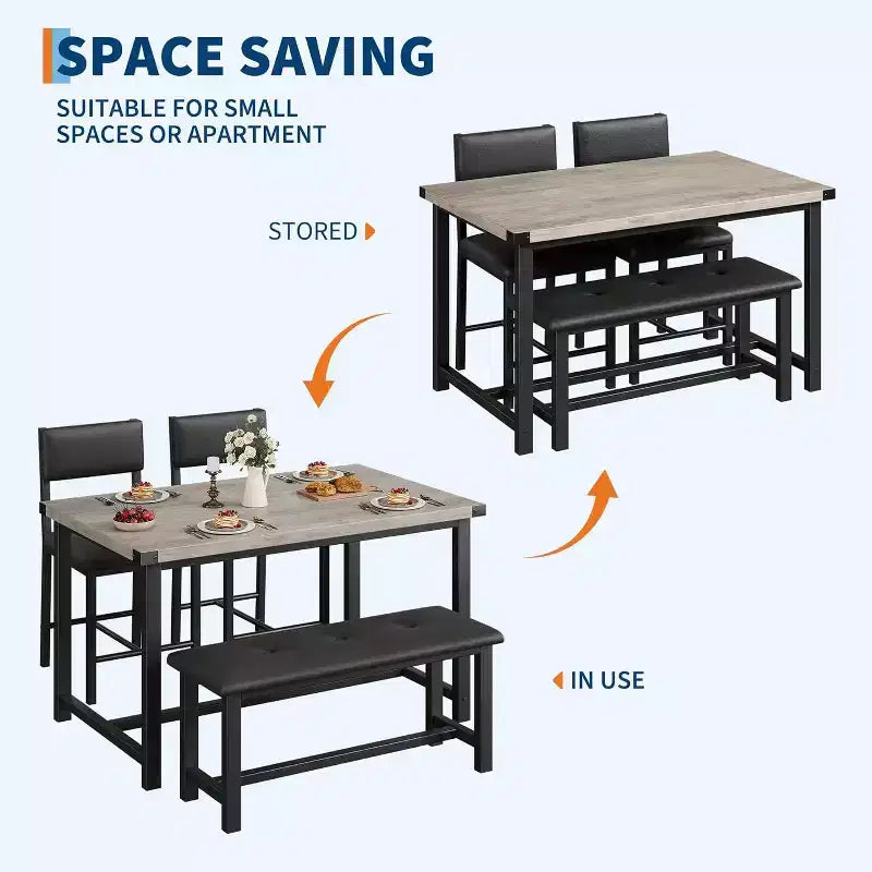 Set da pranzo in legno per 4 persone con panca e 2 sedie imbottite, ideale per piccoli spazi, appartamenti e case, facile da montare