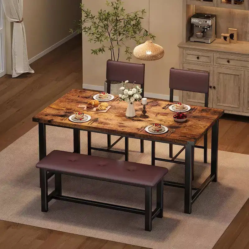 Set da pranzo in legno per 4 persone con panca e 2 sedie imbottite, ideale per piccoli spazi, appartamenti e case, facile da montare