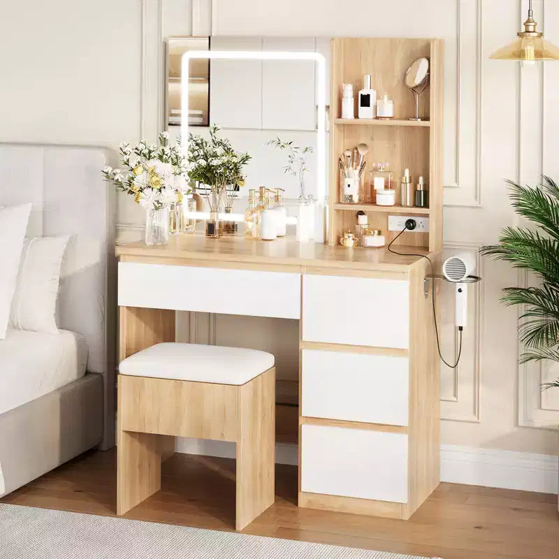 Toeletta con Specchio LED - Toeletta Trucco con 4 Cassetti, Prese di Corrente, Sgabello Contenitore, Ripiani Contenitore e Porta Asciugacapelli
